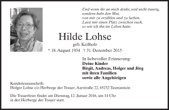 Traueranzeige von Hilde Lohse von  Wiesbaden komplett