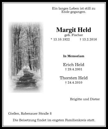 Traueranzeige von Margit Held von  Gießener Anzeiger