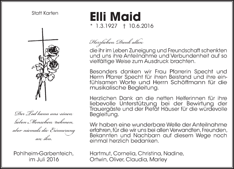  Traueranzeige für Elli Maid vom 02.07.2016 aus  Gießener Anzeiger