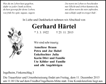 Traueranzeige von Gerhard Härtel von  Allgemeine  Zeitung Ingelheim-Bingen