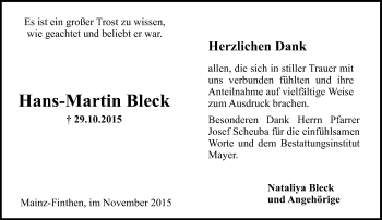 Traueranzeige von Hans-Martin Bleck von  Allgemeine Zeitung Mainz