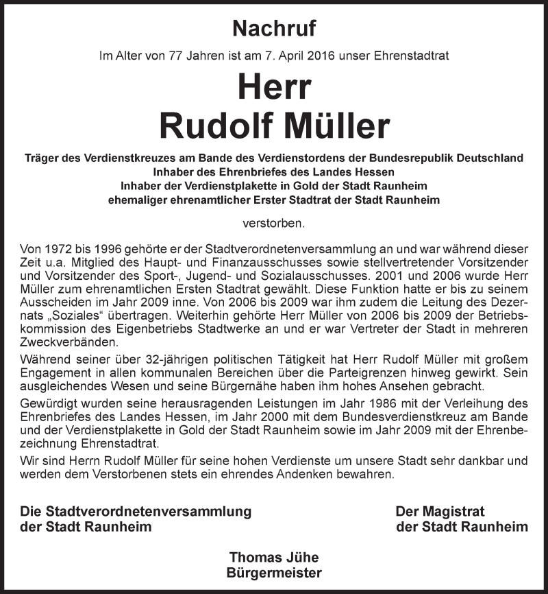  Traueranzeige für Rudolf Müller vom 13.04.2016 aus trauer.rmp.de
