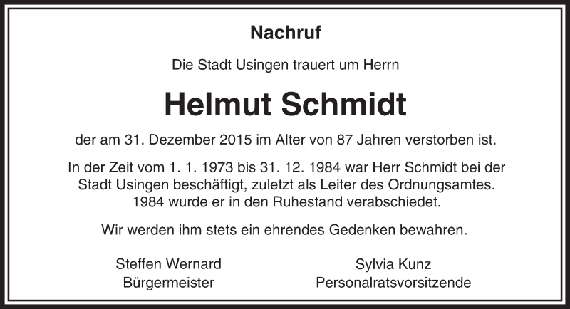  Traueranzeige für Helmut Schmidt vom 20.01.2016 aus  Usinger Anzeiger