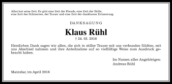 Traueranzeige von Klaus Rühl von  Gießener Anzeiger