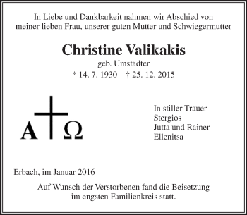 Traueranzeige von Christine Valikakis von  Camberger Anzeiger