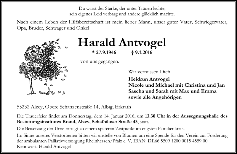  Traueranzeige für Harald Antvogel vom 11.01.2016 aus  Allgemeine Zeitung Alzey