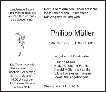 Traueranzeige von Philipp Müller von  Wormser Zeitung