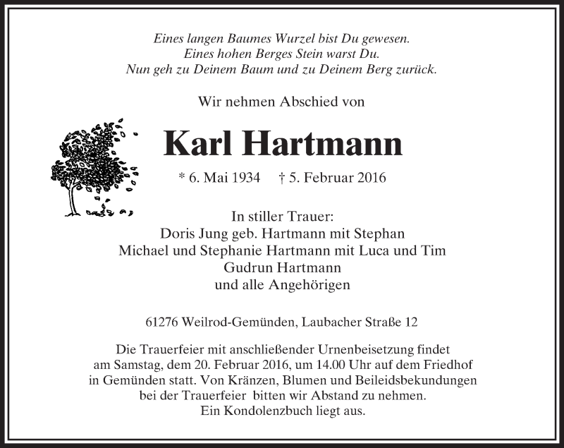  Traueranzeige für Karl Hartmann vom 11.02.2016 aus  Usinger Anzeiger