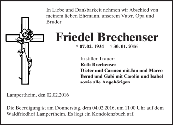 Traueranzeige von Friedel Brechenser von  Bürstädter Zeitung
