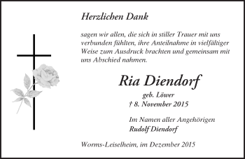 Traueranzeige von Ria Diendorf von  Wormser Zeitung