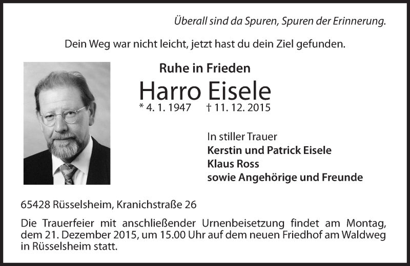  Traueranzeige für Harro Eisele vom 16.12.2015 aus  Mainspitze