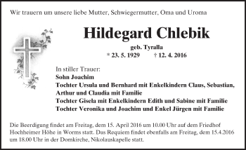 Traueranzeige von Hildegard Chlebik von  Wormser Zeitung