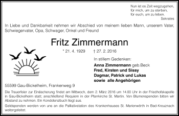 Traueranzeige von Fritz Zimmermann von  Allgemeine Zeitung Alzey