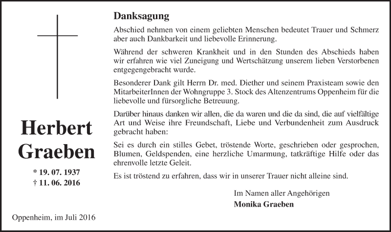  Traueranzeige für Herbert Graeben vom 08.07.2016 aus Trauerportal Rhein Main Presse
