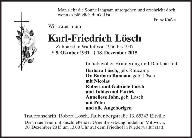  Traueranzeige für Karl-Friedrich Lösch vom 23.12.2015 aus  Wiesbaden komplett