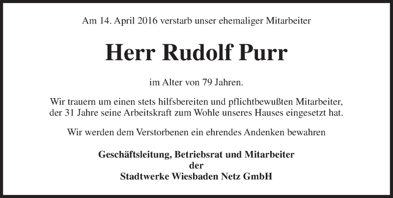  Traueranzeige für Rudolf Purr vom 20.04.2016 aus trauer.rmp.de