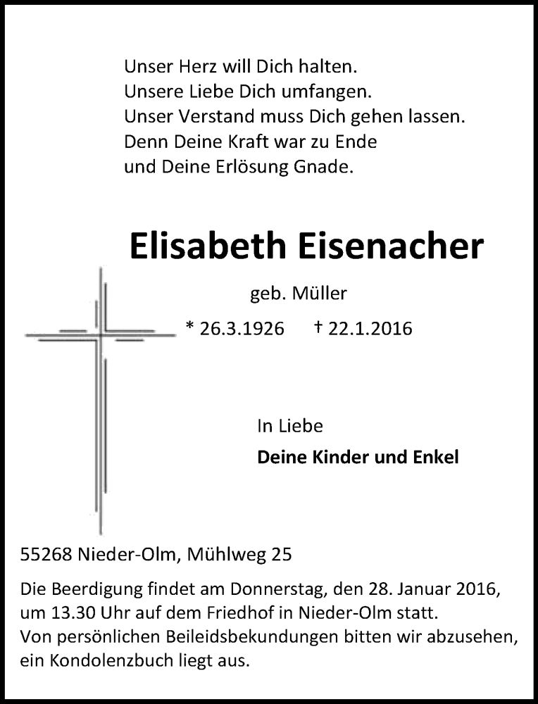  Traueranzeige für Elisebeth Eisenacher vom 23.01.2016 aus  Allgemeine Zeitung Mainz