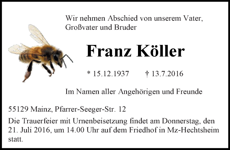  Traueranzeige für Franz Köller vom 16.07.2016 aus Trauerportal Rhein Main Presse