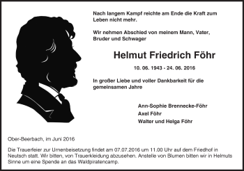 Traueranzeige von Helmut Friedrich Föhr von Trauerportal Echo Online