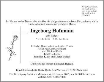 Traueranzeige von Ingeborg Hofmann von  Gießener Anzeiger