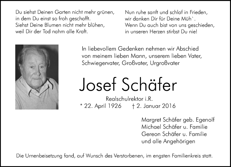  Traueranzeige für Josef Schäfer vom 16.01.2016 aus  Wiesbaden komplett