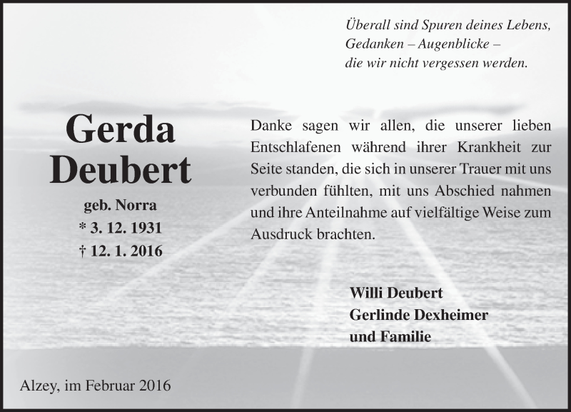  Traueranzeige für Gerda Deubert vom 06.02.2016 aus  Allgemeine Zeitung Alzey