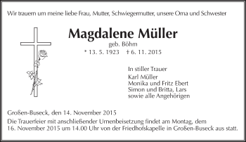 Traueranzeige von Magdalene Müller von  Gießener Anzeiger