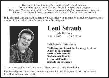 Traueranzeige von Leni Straub von  Mainspitze