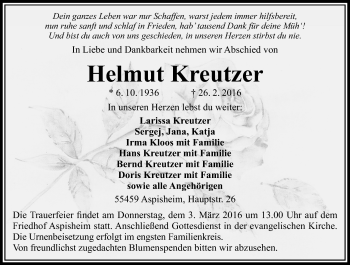 Traueranzeige von Helmut Kreutzer von  Allgemeine  Zeitung Ingelheim-Bingen