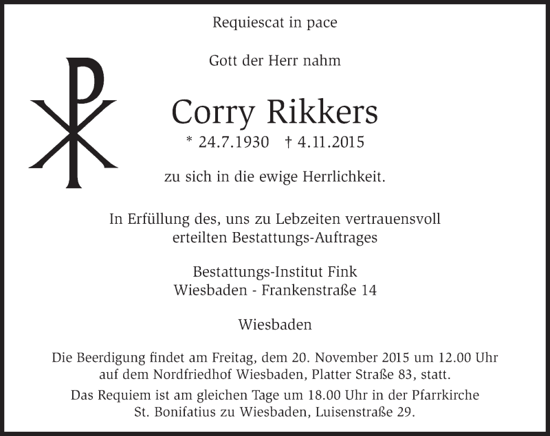  Traueranzeige für Corry Rikkers vom 14.11.2015 aus  Wiesbaden komplett