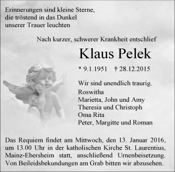 Traueranzeige von Klaus Pelek von  Allgemeine Zeitung Mainz