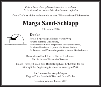 Traueranzeige von Marga Sand-Schlapp von  Usinger Anzeiger