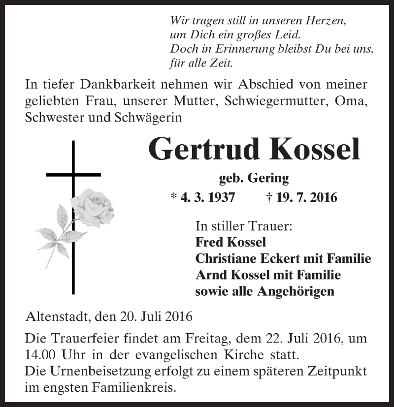  Traueranzeige für Gertrud Kossel vom 20.07.2016 aus  Kreisanzeiger