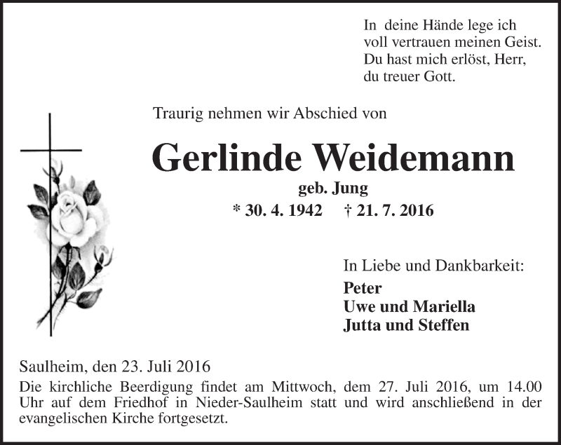  Traueranzeige für Gerlinde Weidemann vom 23.07.2016 aus Trauerportal Rhein Main Presse