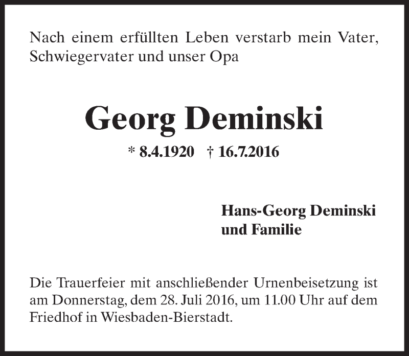  Traueranzeige für Georg Deminski vom 23.07.2016 aus Trauerportal Rhein Main Presse
