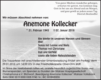 Traueranzeige von Anemone Kollecker von  Allgemeine Zeitung Mainz