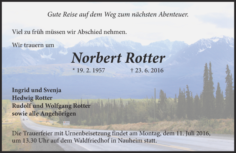  Traueranzeige für Norbert Rotter vom 06.07.2016 aus Trauerportal Echo Online
