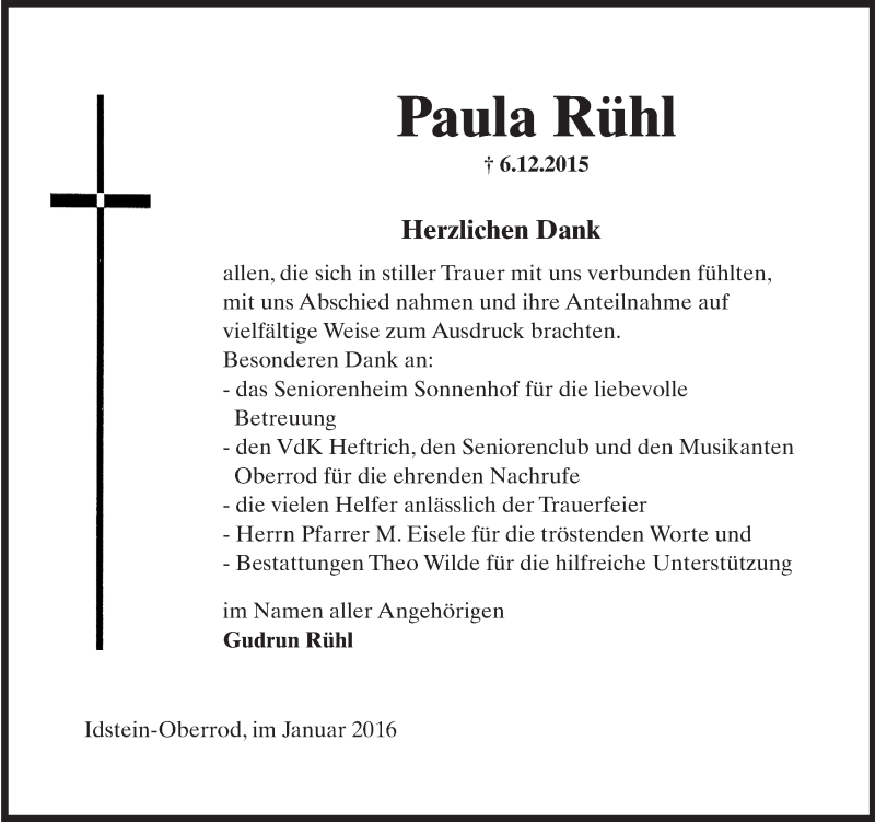  Traueranzeige für Paula Rühl vom 16.01.2016 aus  Idsteiner Zeitung