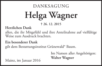 Traueranzeige von Helga Wagner von  Allgemeine Zeitung Mainz