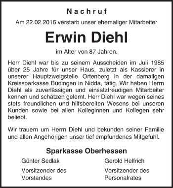 Traueranzeige von Erwin Diehl von  Kreisanzeiger