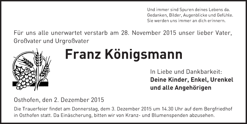 Traueranzeige für Franz Königsmann vom 02.12.2015 aus  Wormser Zeitung