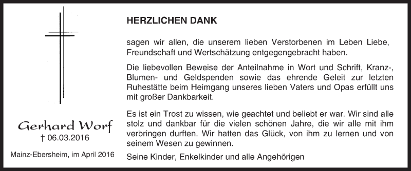  Traueranzeige für Gerhard Worf vom 08.04.2016 aus  Allgemeine Zeitung Mainz