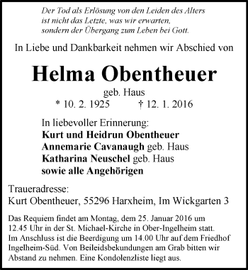Traueranzeige von Helma Obentheuer von  Allgemeine  Zeitung Ingelheim-Bingen