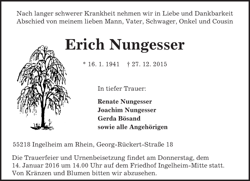  Traueranzeige für Erich Nungesser vom 08.01.2016 aus  Allgemeine  Zeitung Ingelheim-Bingen