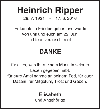 Traueranzeige von Heinrich Ripper von Trauerportal Echo Online