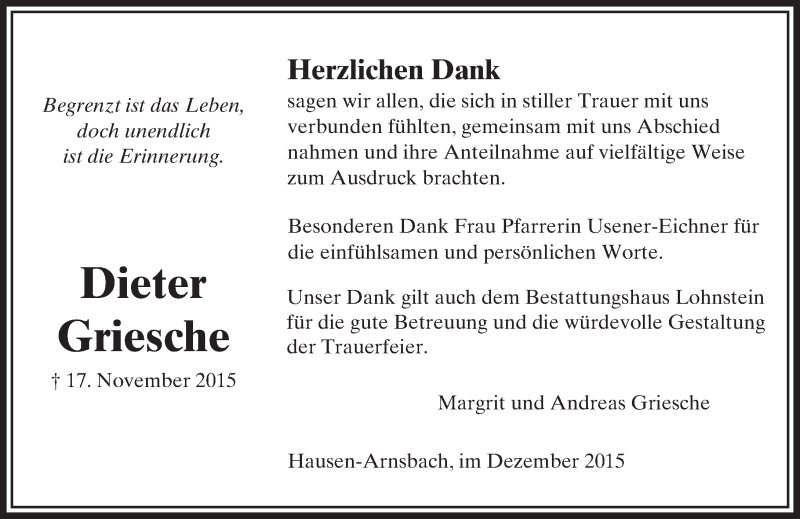  Traueranzeige für Dieter Griesche vom 12.12.2015 aus  Usinger Anzeiger
