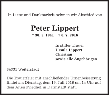 Traueranzeige von Peter Lippert von Trauerportal Echo Online