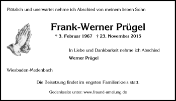 Traueranzeige von Frank-Werner Prügel von  Wiesbaden komplett