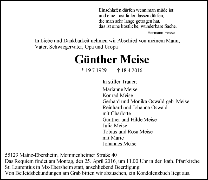  Traueranzeige für Günther Meise vom 20.04.2016 aus  Allgemeine Zeitung Mainz
