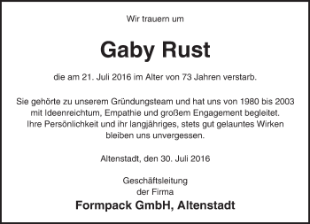 Traueranzeige von Gaby Rust von  Kreisanzeiger
